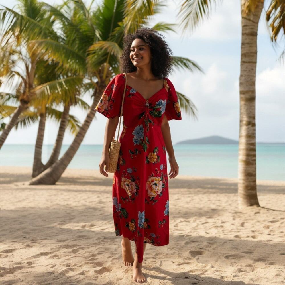 NAOO Red Floral Tropical Women's Maxi Dress Size M